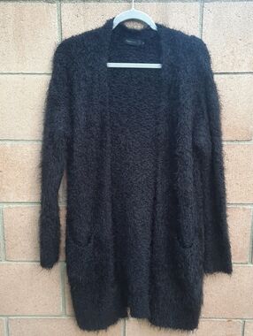 Fashion Black Furry Fluffy Women's Long Cardigan with Pockets Size X-Large